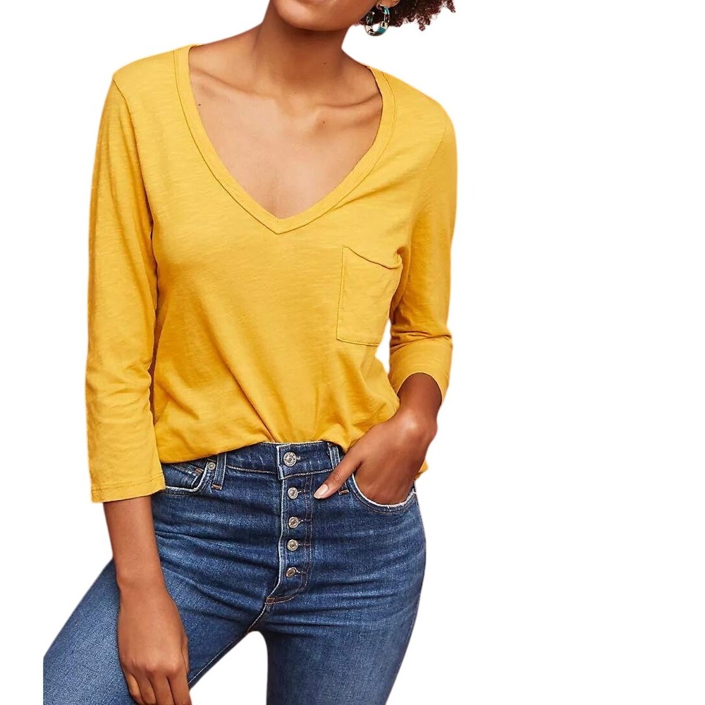 Anthropologie t.la Mustard Yellow V-Neck Pocket 3/4 Sleeve Tee Small NWT